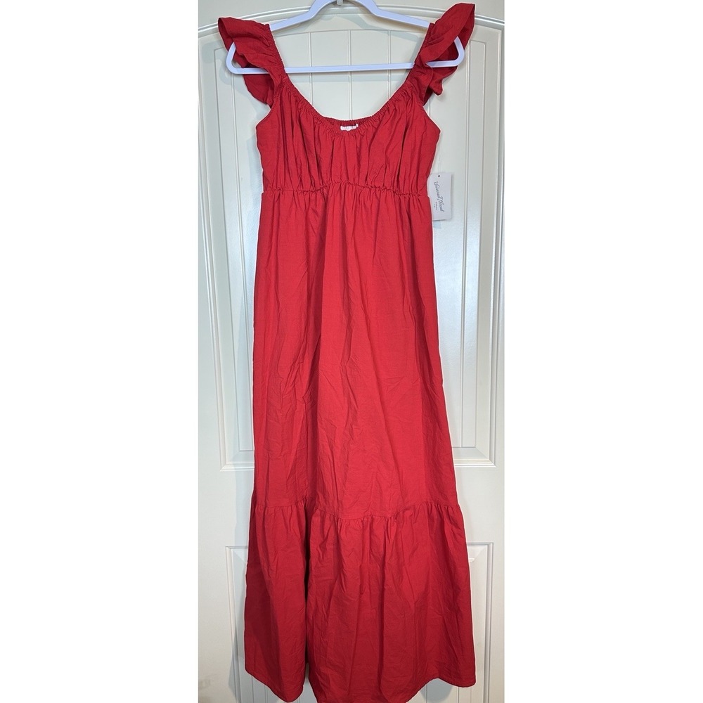 Womens Dress XS Babydoll Flutter Cap Sleeve Maxi Tiered Ruffle Cotton Sweetheart